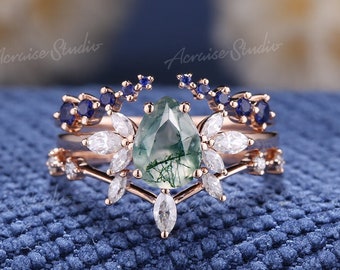 Vintage Moss Agate Engagement Ring Set 3pcs Wedding Rings Women Rose Gold Pear Shaped Green Agate Unique Diamond Sapphire Wedding Band