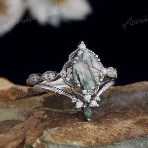 Oval Moss Agate Engagement Ring Set White Gold Green Agate Ring Vintage Wedding Rings Women Unique Bridal Set Promise Ring for her