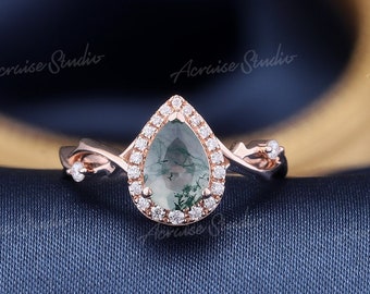 Delicate Pear Cut Moss Agate Engagement Ring Rose Gold Moissanite Branch Wedding Ring Halo Ring Green Gemstone Ring Anniversary Gift For Her