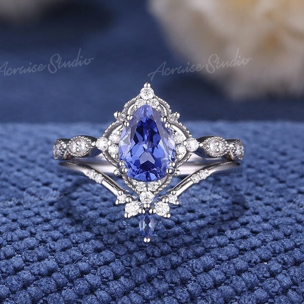 Ensemble nuptiale bleuets saphir 2 pièces bague en or rose massif 14 carats en forme de poire bague de fiançailles femme alliance marquise saphir