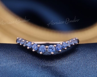 Cornflower Sapphire Wedding Band Women, Rose Gold Curved Stacking Ring