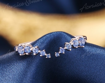 Vintage Open Wedding Band Blue Sapphire 14K 18K Rose Gold Unique curved wedding band Gap Cuff Stacking Rings Open Band Wedding Ring Women