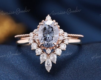 Unique Gray moissanite engagement ring set Vintage bridal set rose gold engagement ring Antique wedding promise ring for women Chevron Band