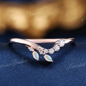 Natural Opal curved wedding band diamond 14k rose gold Floral wedding ring women Marquise Opal Leaf curved band Delicate ring Matching band