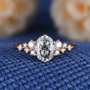 Unique Gray moissanite engagement ring Vintage Oval Shaped Moissanite wedding ring Rose Gold Diamond Cluster Bridal Promise Rings For Women