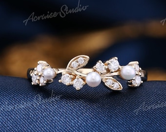 Unique Pearl Moissanite Engagement Ring Women Dainty Leaf Ring 14k/18k Gold Leaf Wedding Ring Diamond Vine Rings Vintage Promise Ring