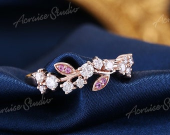 Dainty Leaf Ring Moissanite Engagement Ring for Woman Rose gold Floral wedding Ring Pink sapphire Unique Promise ring Leaf Vine Ring