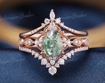 Pear Moss Agate Engagement Ring Set 3pcs Rings Green Moss Agate Wedding Ring Set Women Vintage Bridal Set Rose gold Promise Ring for Her