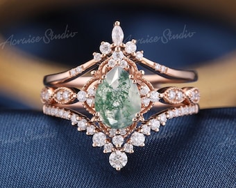 Moss Agate Engagement Ring Set, Vintage Pear Cut, Diamond Wedding Bands