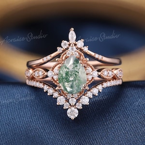 Pear Moss Agate Engagement Ring Set 3pcs Rings Green Moss Agate Wedding Ring Set Women Vintage Bridal Set Rose gold Promise Ring for Her