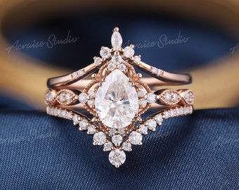 3pcs Moissanite Engagement Ring Set Pear shaped Moissanite Wedding Ring Set Diamond Vintage Bridal Sets Rose gold Milgrain Rings Women