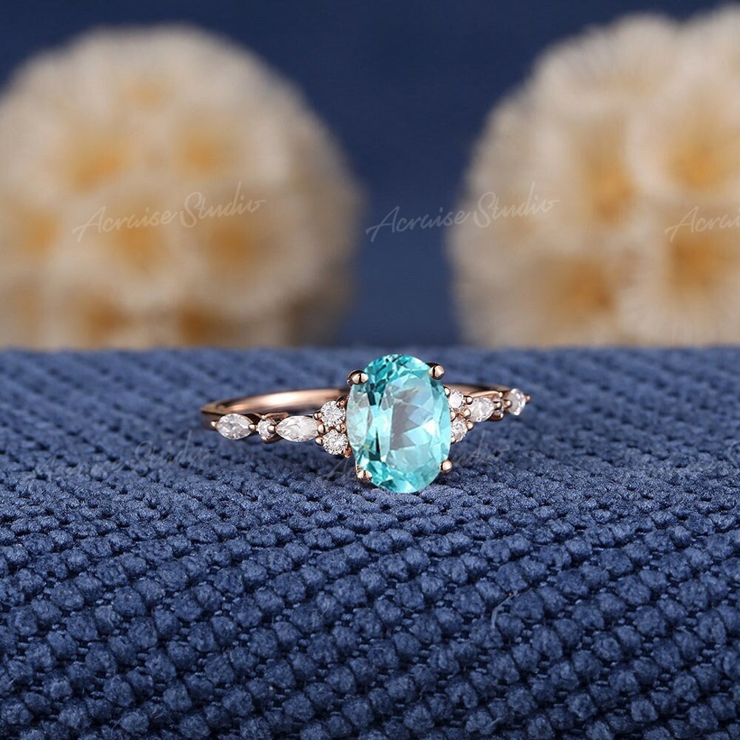 Unique Oval Cut Paraiba Tourmaline Engagement Ring Rose Gold Green