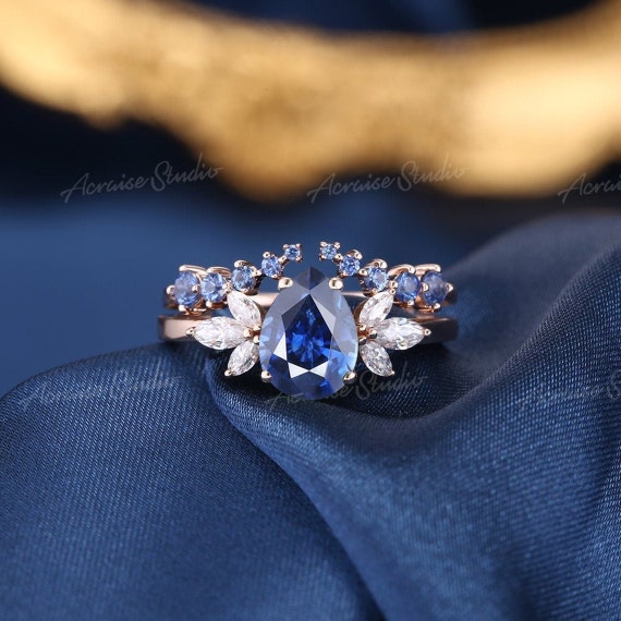 Round Cut Blue Sapphire Ring White Gold Vintage Leaf Unique Engagement Ring  Five Stone Infinity Twisted Diamond Bridal Wedding Ring Women - Etsy