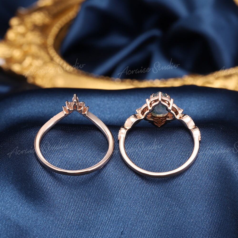 Moss Agate engagement ring set Pear moss agate ring vintage | Etsy