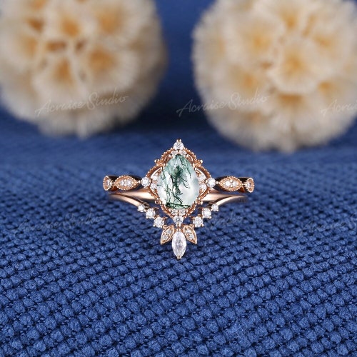 Oval Moss Agate Engagement Ring Set Rose Gold Vintage - Etsy
