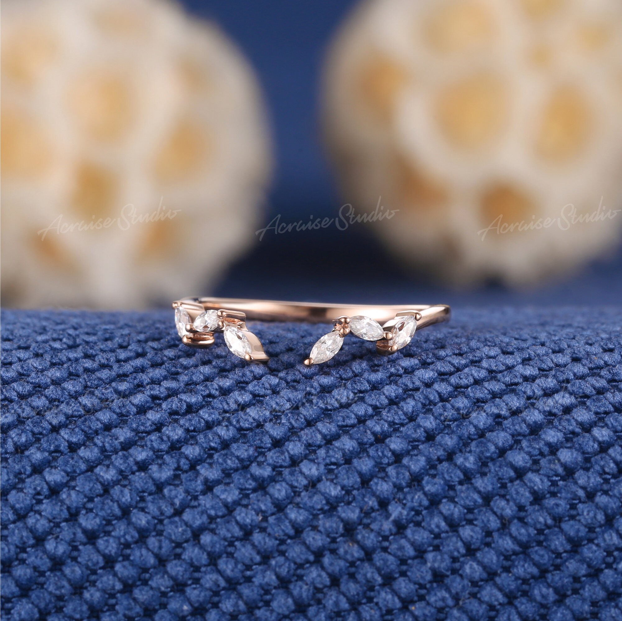 Art Deco Marquise Cut Moissanite Wedding Band 14k Rose Gold Vintage ...