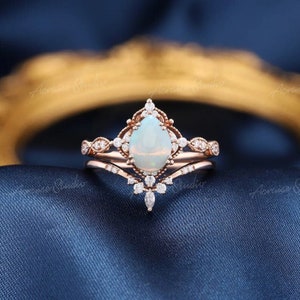 Unique Opal Engagement Ring Set 3pcs Pear Shaped Bridal Sets Nature White Opal Wedding Ring Set Women Vintage Rose gold Promise Ring for Her 2pcs ring set