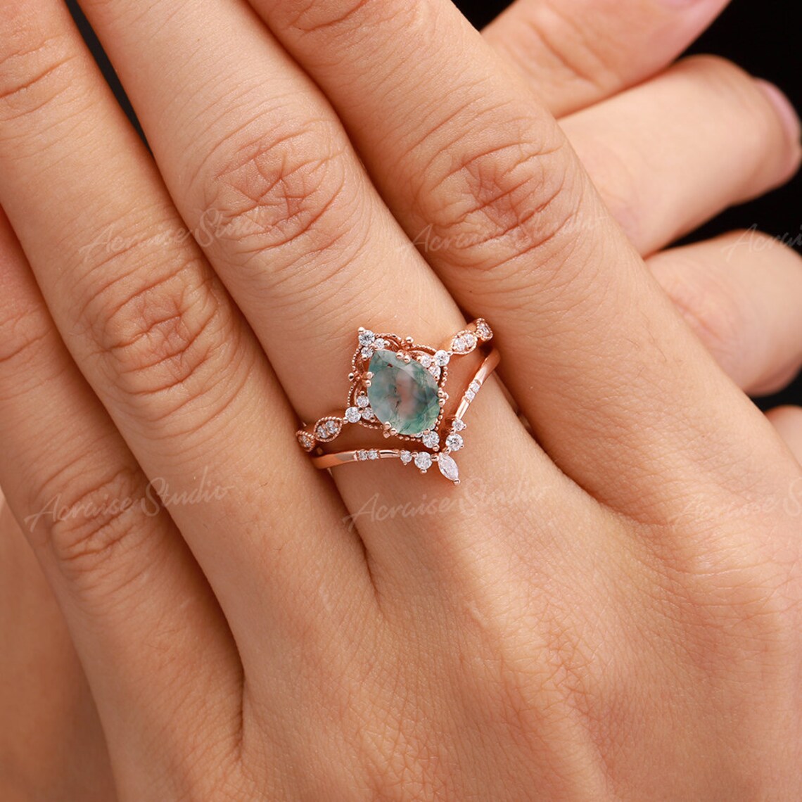 Moss Agate engagement ring set Pear moss agate ring vintage | Etsy