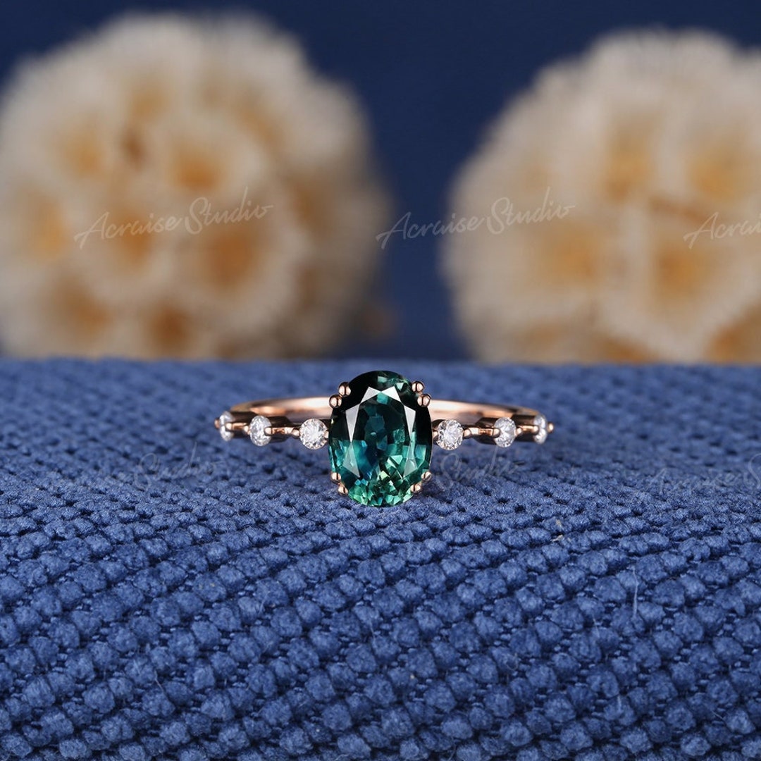 Oval Teal Sapphire Engagement Ring Rose Gold Unique Blue Green Sapphire ...