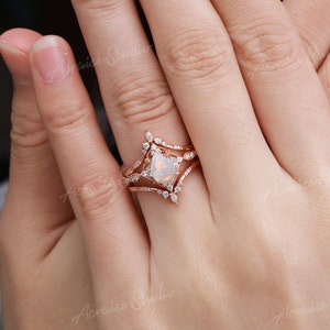 Unique Opal Engagement Ring Set 3pcs Pear Shaped Bridal Sets Nature White Opal Wedding Ring Set Women Vintage Rose gold Promise Ring for Her image 5
