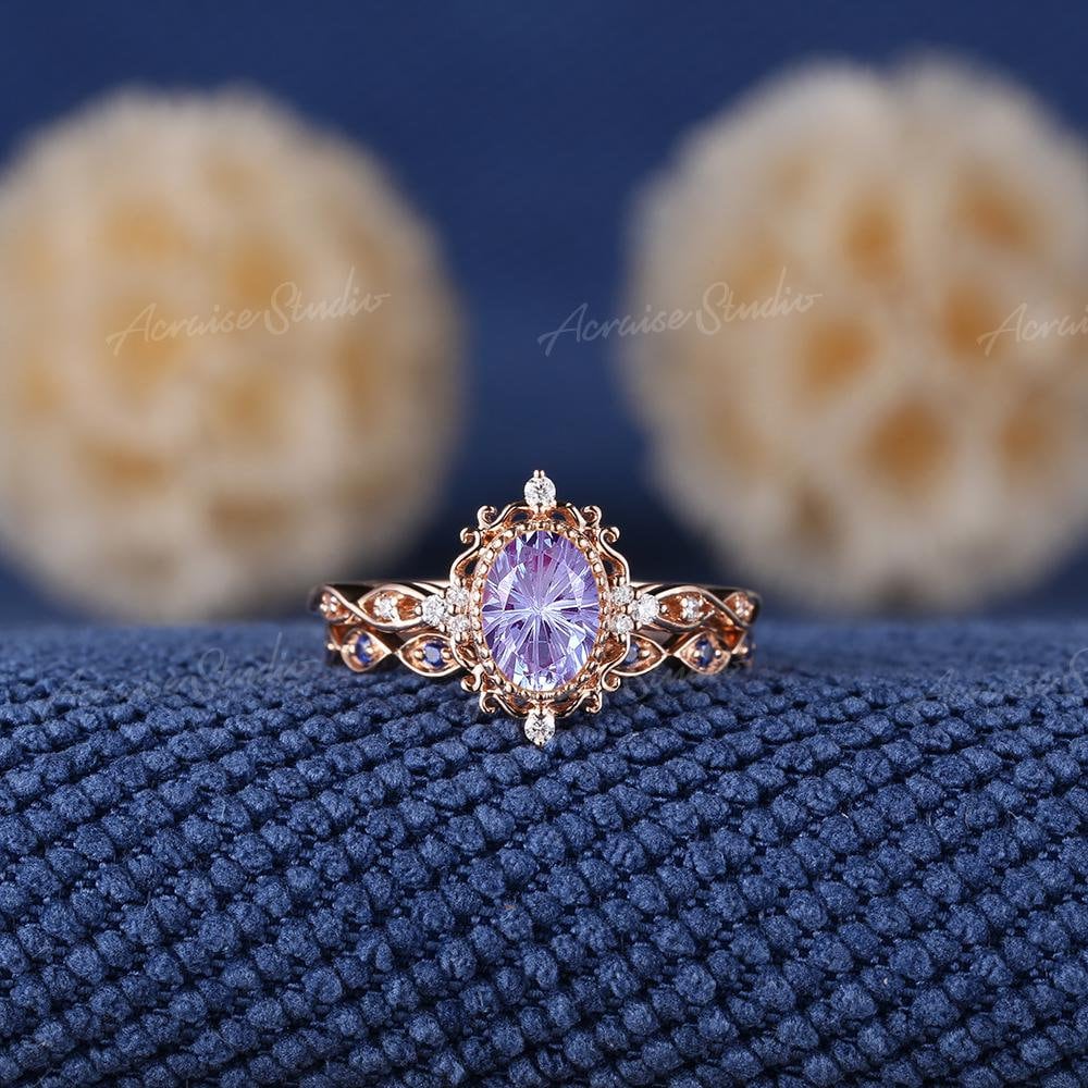 Unique Oval Fireworks Cut Alexandrite Engagement Ring Set Rose
