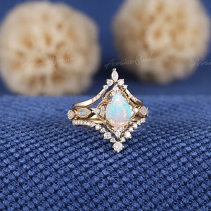 3pc Opal Engagement Ring Set Pear Shaped Fire Opal Wedding Ring Women ...