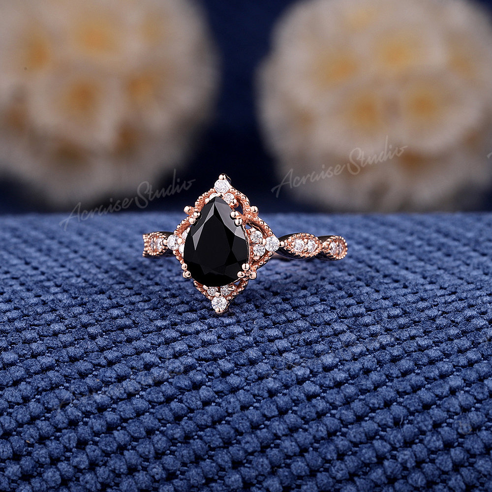 Vintage Black Onyx Engagement Ring Pear Shaped Black Onyx
