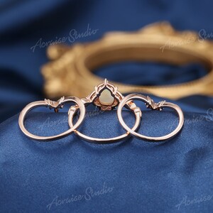 Unique Opal Engagement Ring Set 3pcs Pear Shaped Bridal Sets Nature White Opal Wedding Ring Set Women Vintage Rose gold Promise Ring for Her image 10