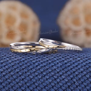 2pcs Two Tone Couple Ring Starburst Engraved Wedding Band Solid Gold Diamond Promise Ring Twist Stackable Matching Rings For Men and Women