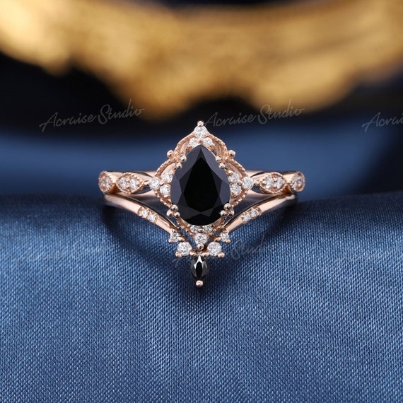 Pear Black Onyx Engagement Ring Set 2pcs Black Gemstone Rings | Etsy
