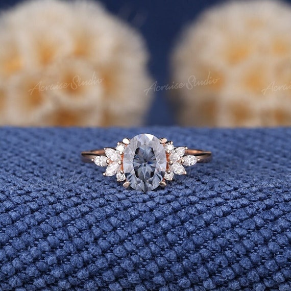 Oval Grey Moissanite Engagement Ring Gray Moissanite Wedding Ring