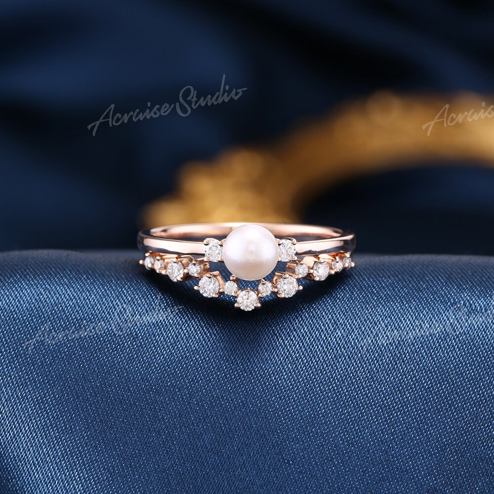 Pearl Engagement Ring Set Diamond Rose 