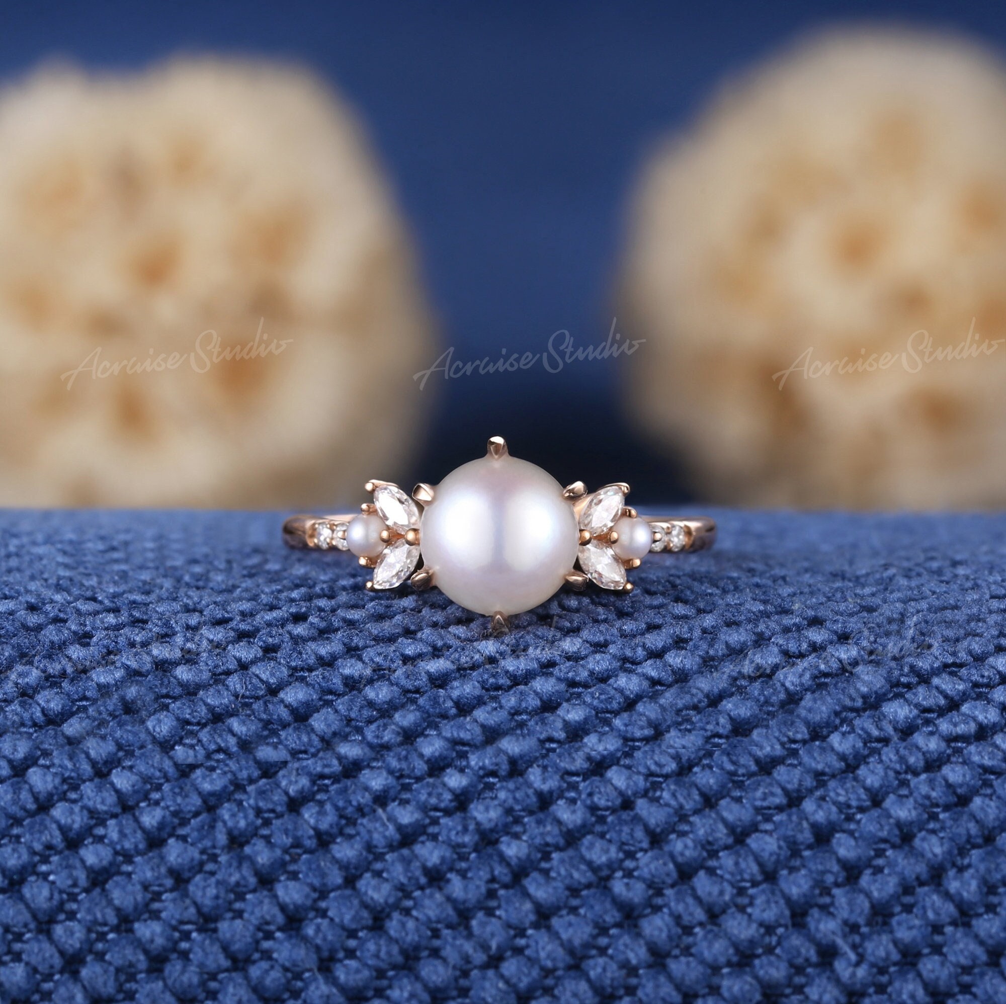 Vintage Akoya Pearl Engagement Ring Unique Rose Gold Diamond