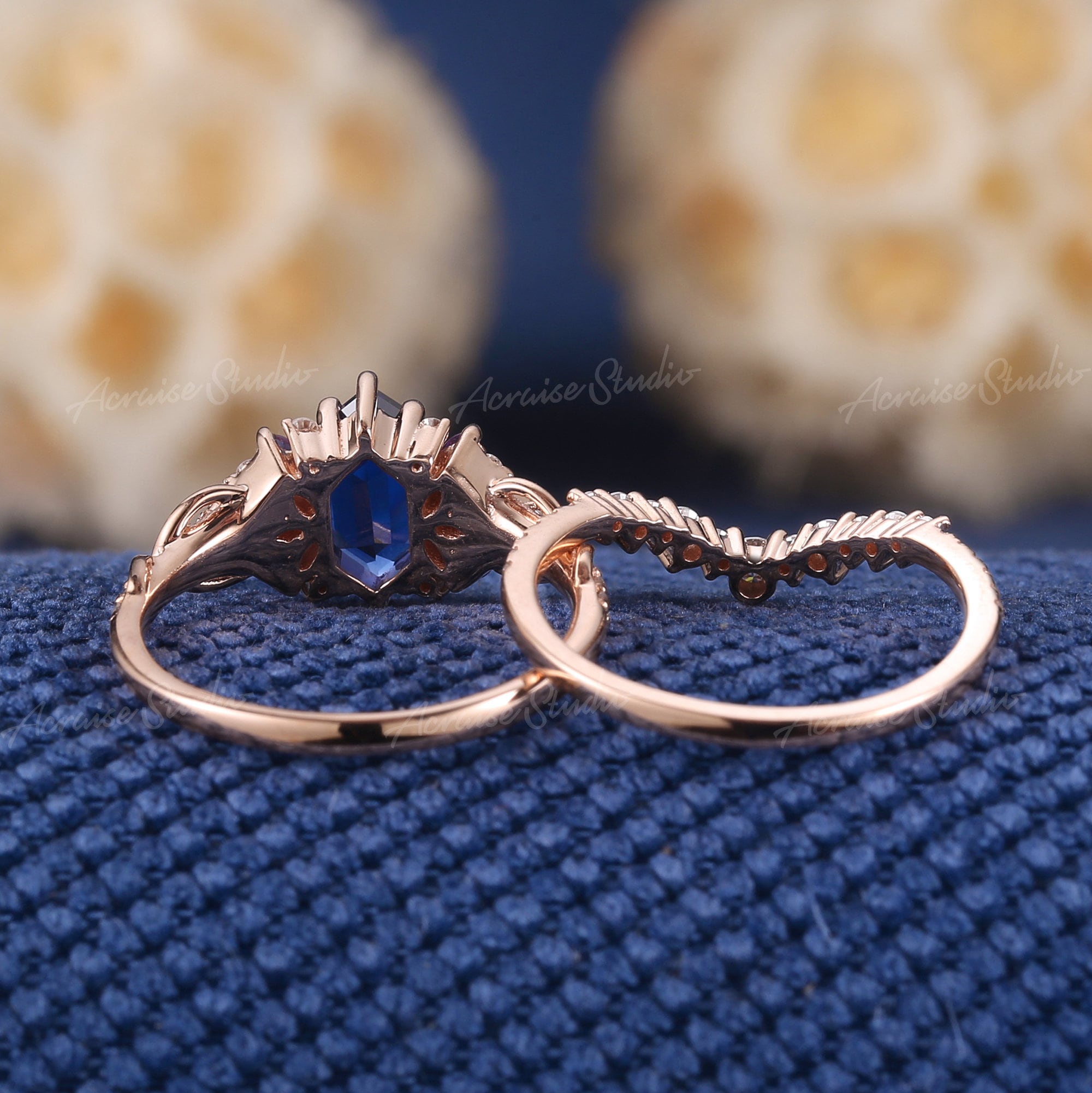 ヴィンテージ ロイヤルブルー サファイア 結婚指輪 セット ローズ