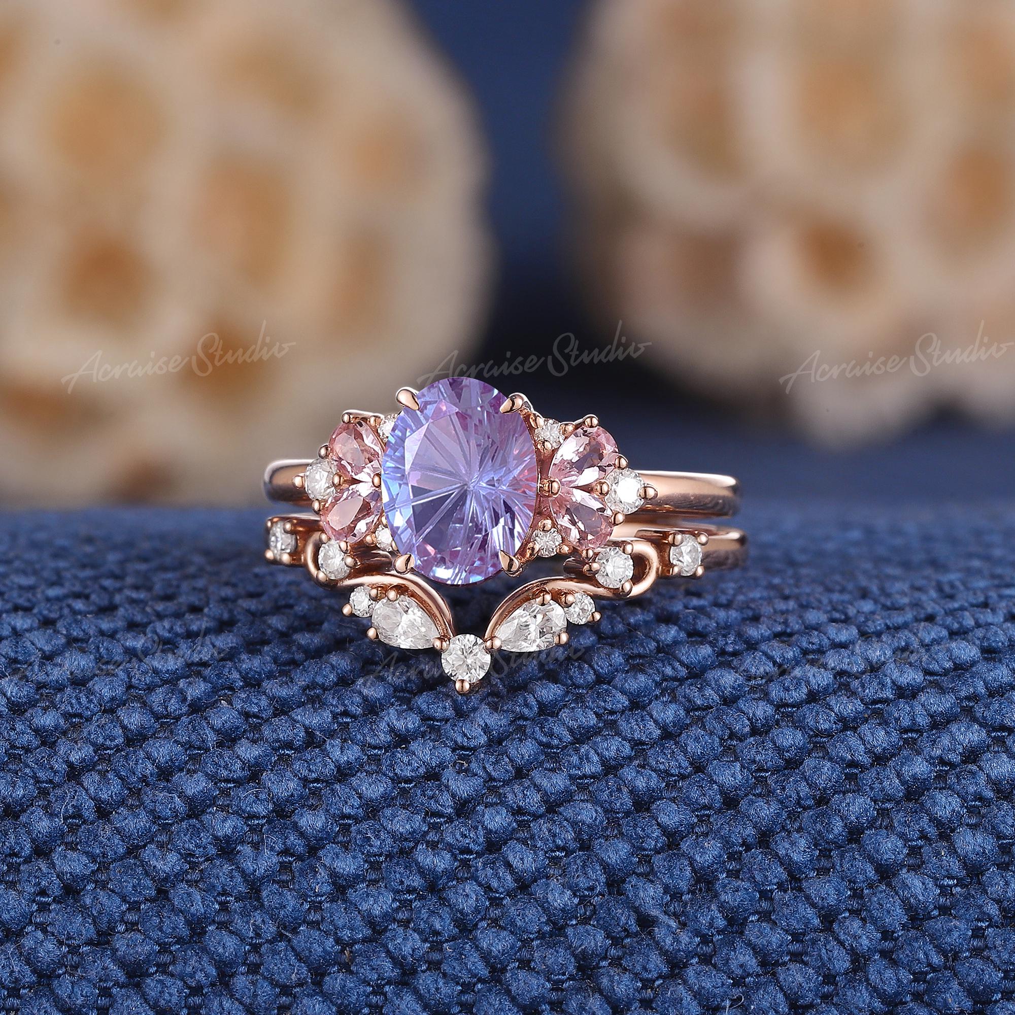 Fireworks Alexandrite Engagement Ring Set Pink Sapphire Cluster
