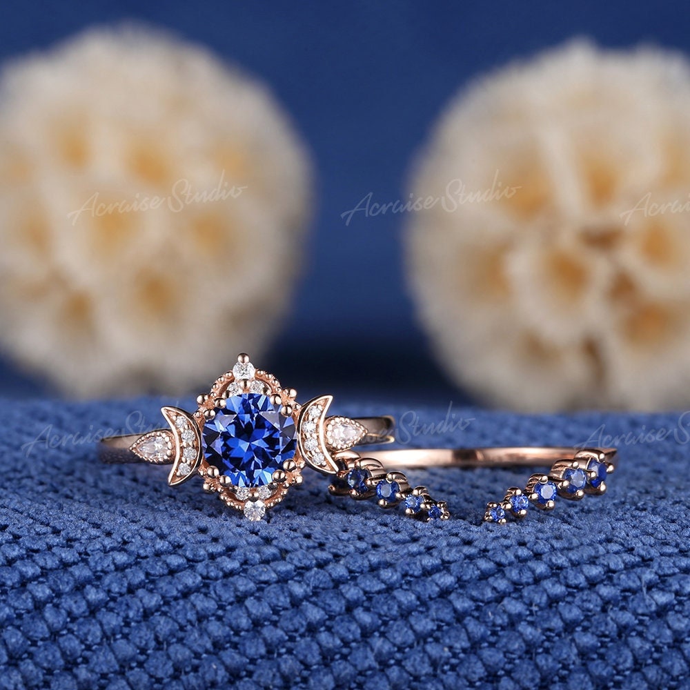 ヴィンテージ ラウンド コーンフラワー サファイア 結婚指輪 セット