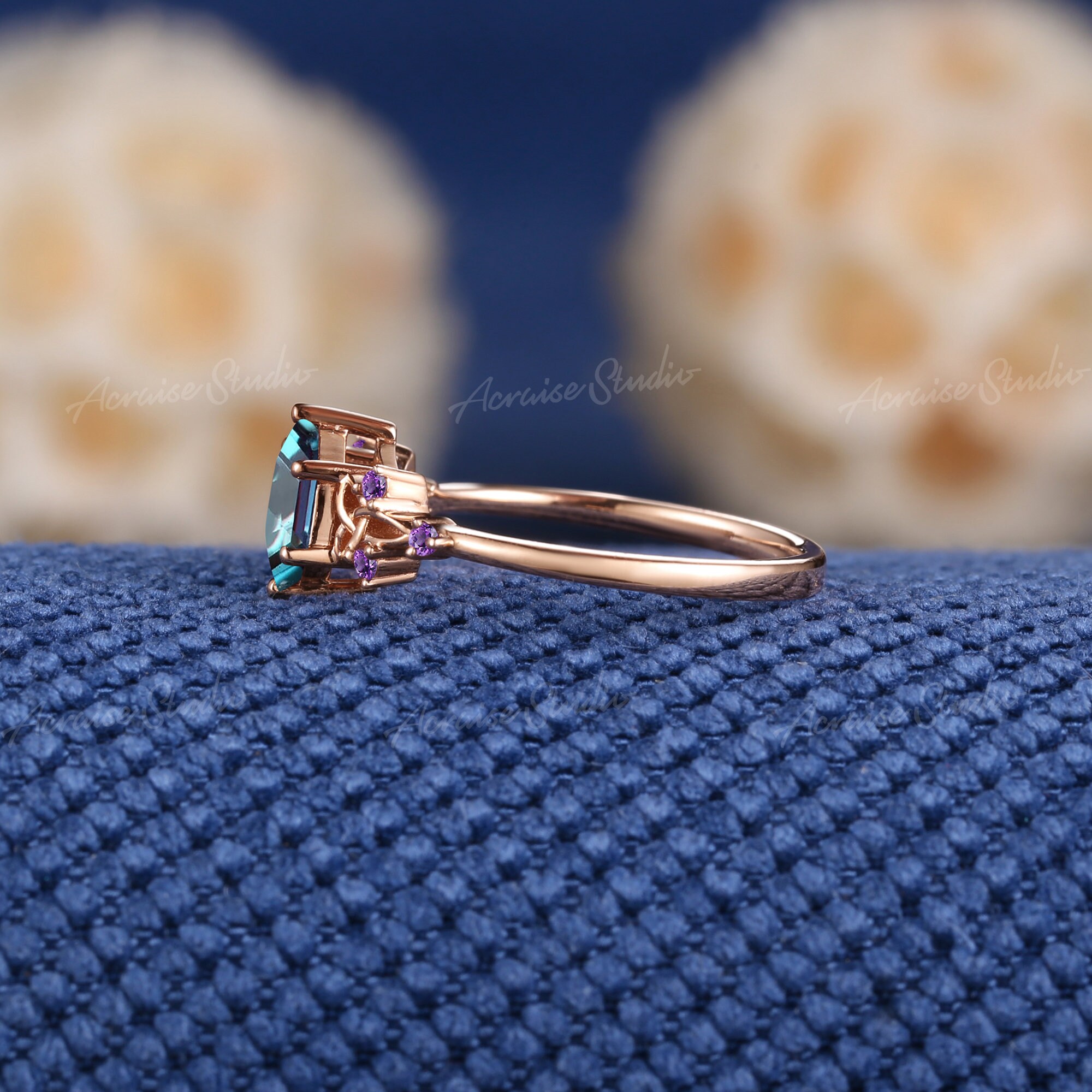Vintage Hexagon Cut Alexandrite Engagement Ring Rose Gold Amethyst