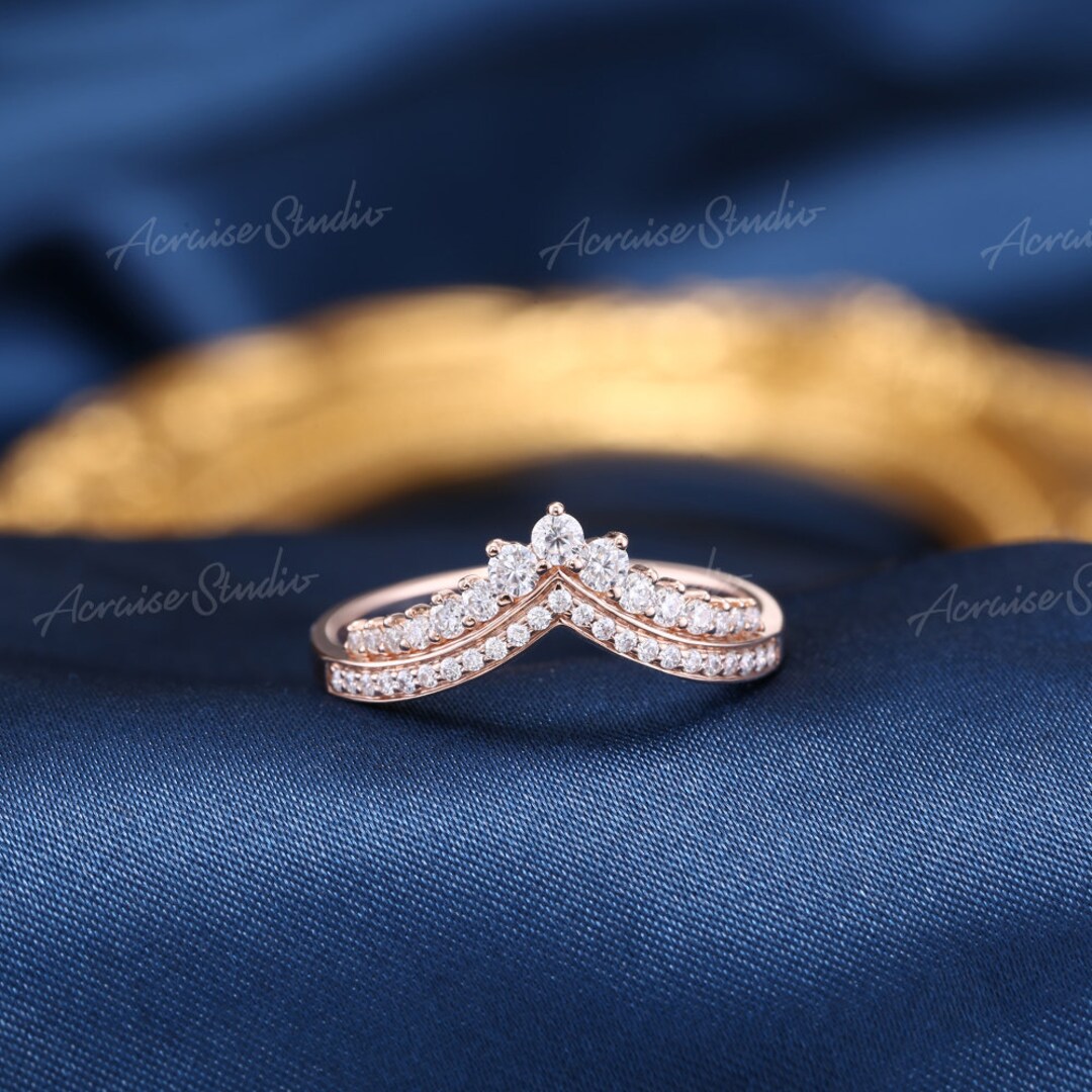 Handmade Rose Gold Moissanite Wedding Band, Pave Chevron Stacking Ring ...