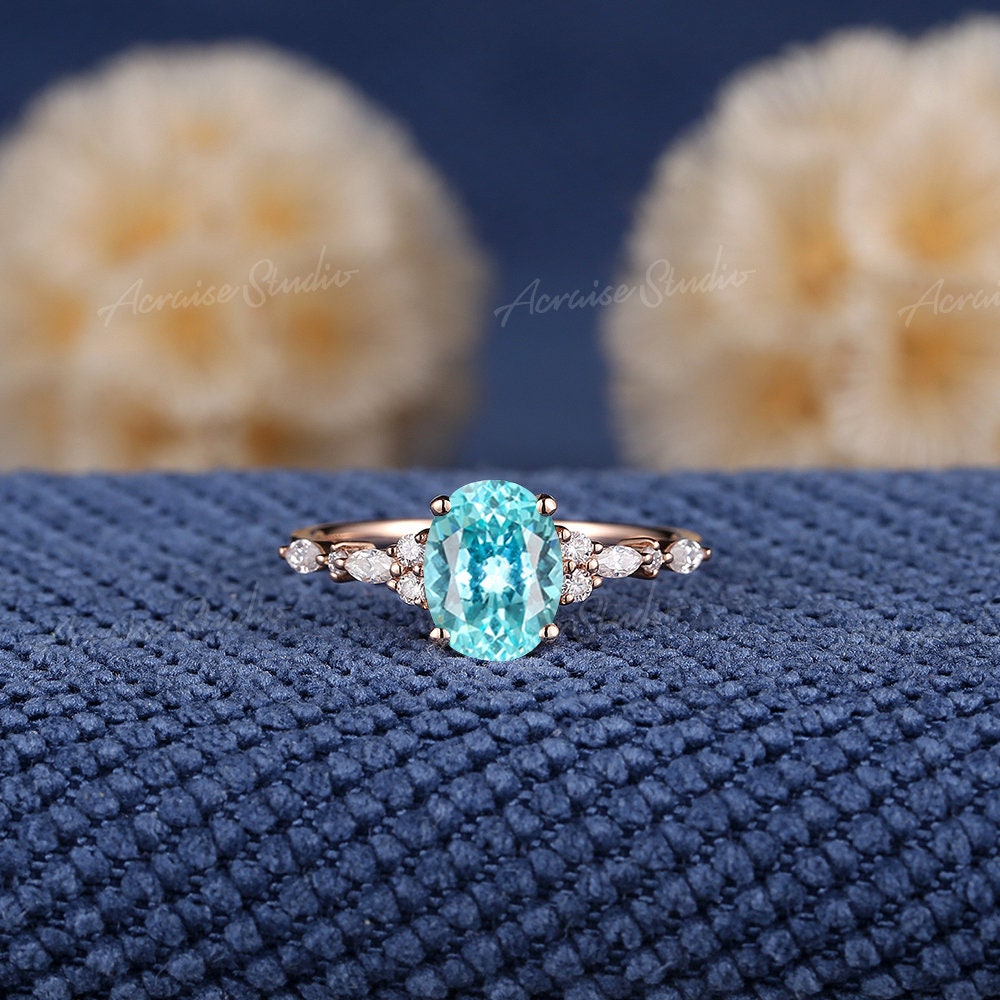 Unique Oval Cut Paraiba Tourmaline Engagement Ring Rose Gold Green