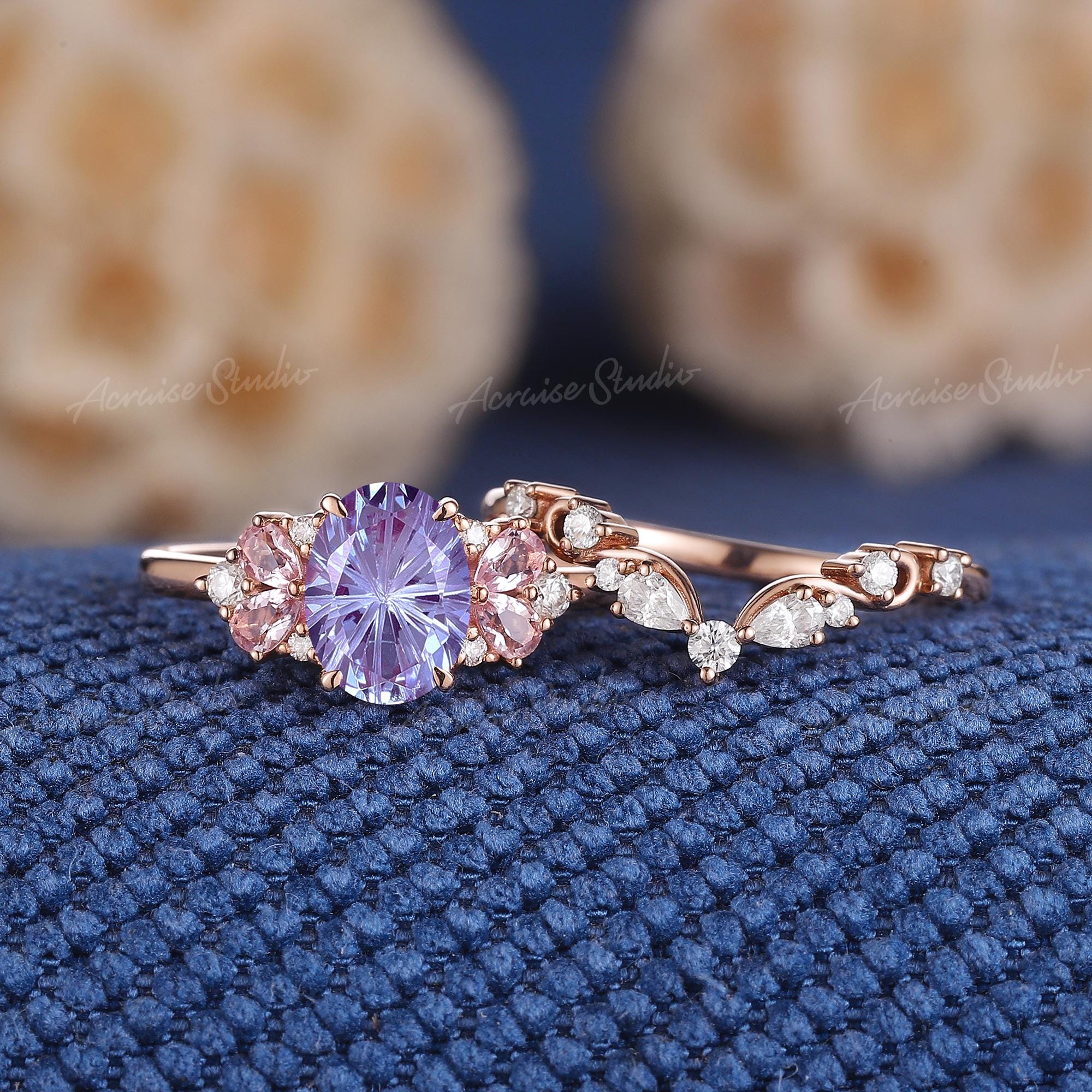 Fireworks Alexandrite Engagement Ring Set Pink Sapphire Cluster
