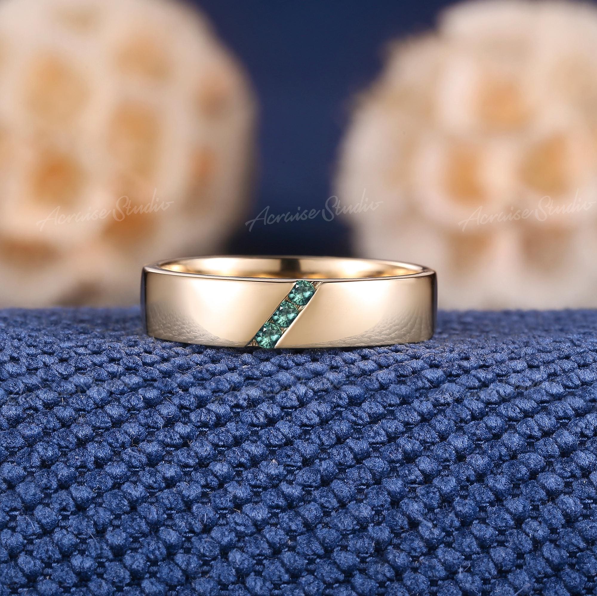 Natural Green Sapphire Mens Engagement Ring Yellow Gold Rings For Men Green Sapphire Mens Wedding Band His and Hers Ring Gift For Him