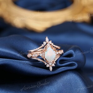 Unique Opal Engagement Ring Set 3pcs Pear Shaped Bridal Sets Nature White Opal Wedding Ring Set Women Vintage Rose gold Promise Ring for Her image 4