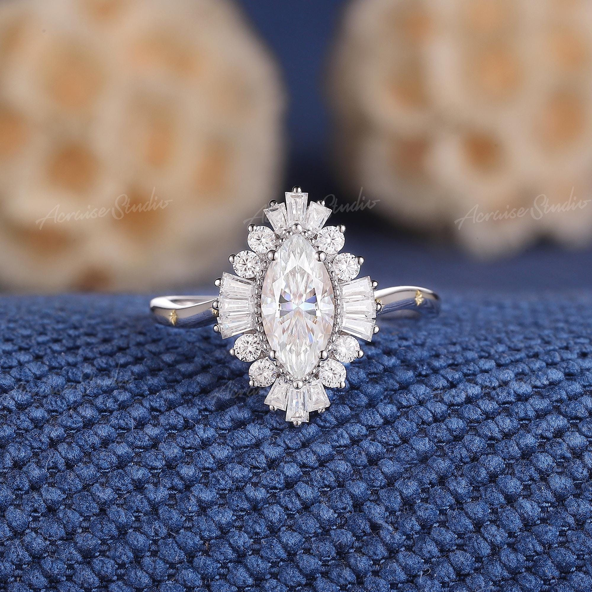 Dutch Marquise Moissanite Engagement Ring Baguette Moissanite Halo Ring Solid Gold Rings For Women Star Ring Anniversary Best Gifts For Her