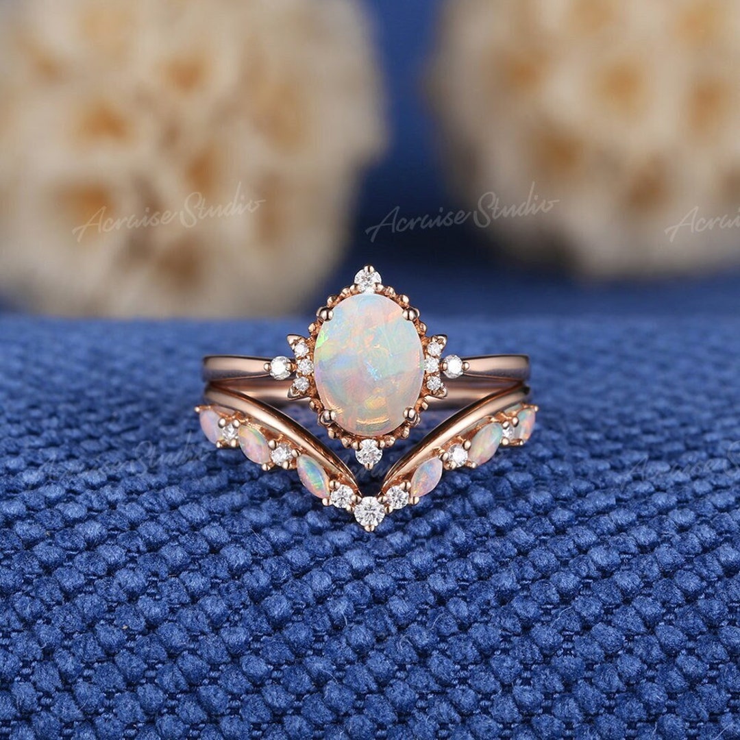 Vinatge Moon Design Opal Engagement Ring Set Rose Gold Natural Opal — free download