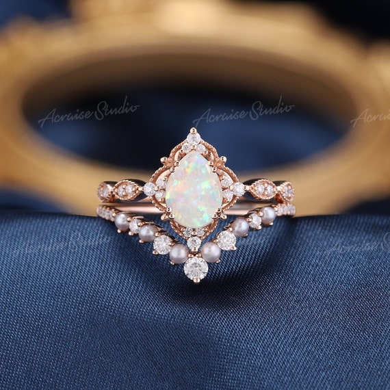 Vintage Pear Opal Bridal Set Rose Gold Pearl Diamond Curved Band Opal  Wedding Rings 2PCS Engagement Ring Set Delicate Promise Ring Women