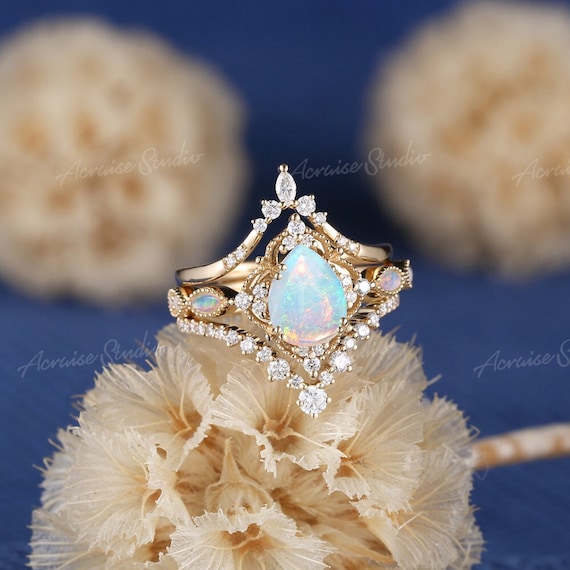 3pcs Natrual Opal Engagement Ring Set Solid Gold Diamond Curved Wedding Band Vintage Opal Wedding Rings For Women October Birthstone Jewelry