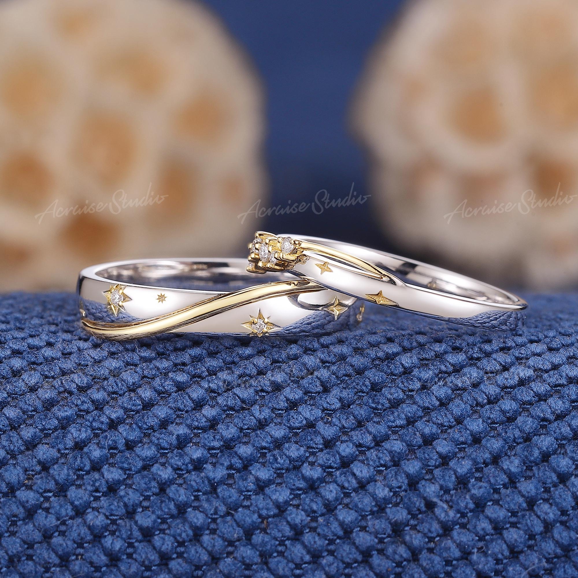 Two Tone Diamond Couple Ring Twist Star Engraved Wedding Band