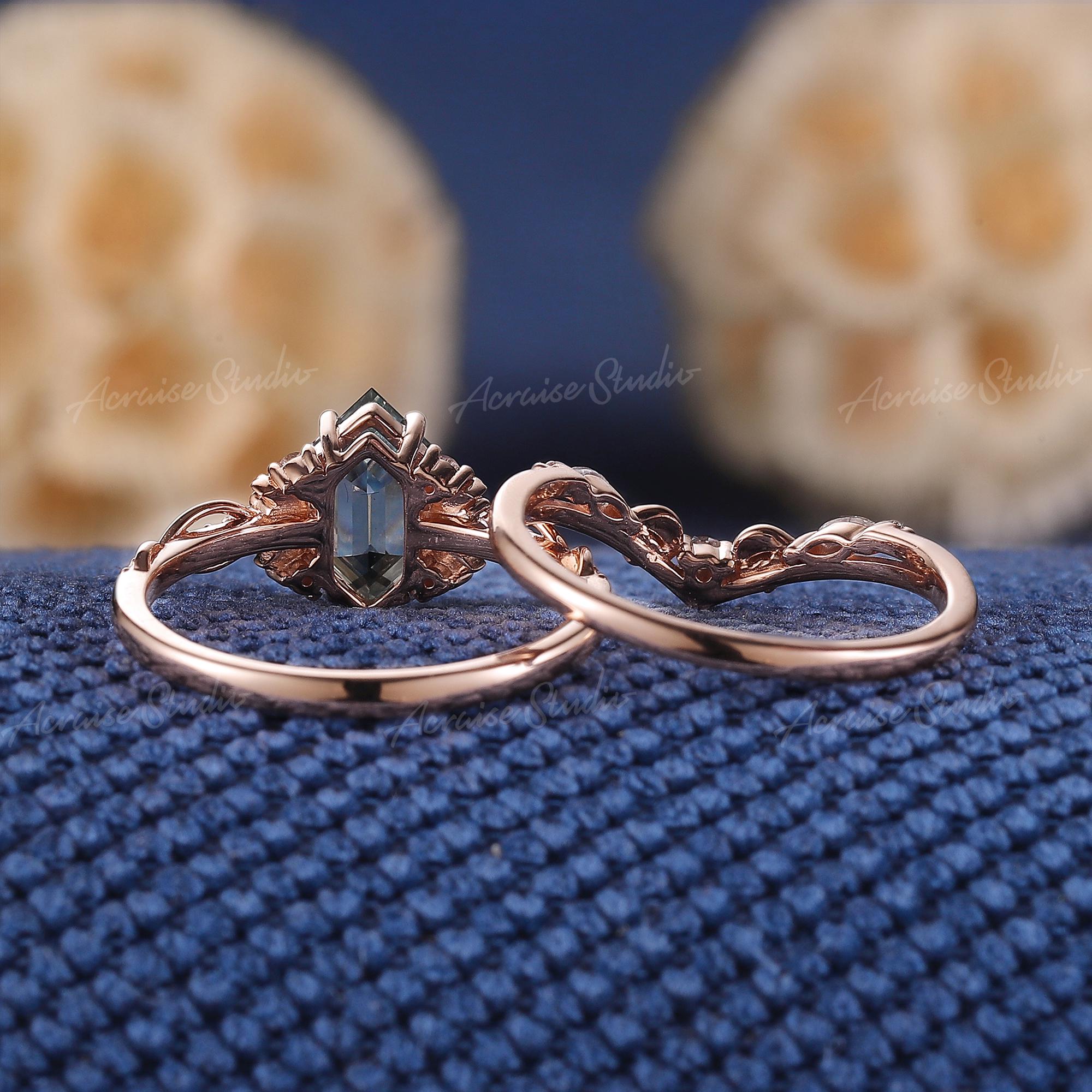 六角形グリーンサファイアエンゲージリングセット ローズゴールド