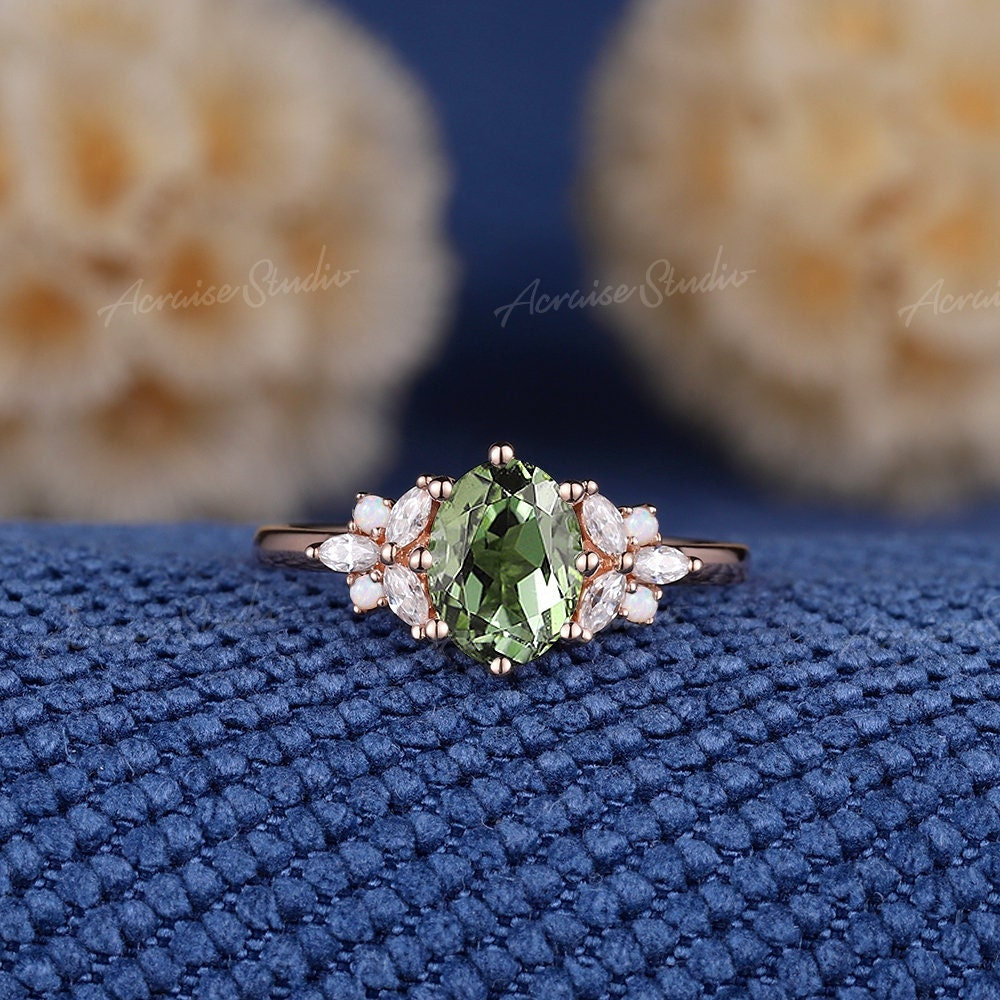 Vintage Green Sapphire Engagement Ring Rose Gold Opal Diamond Cluster Ring Green Gemstone Wedding Rings For Women Personalized Gift For Mom