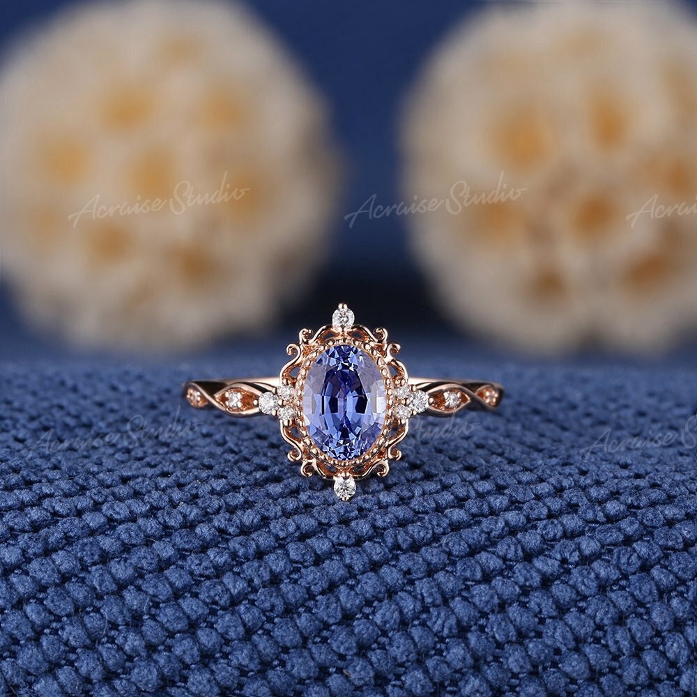 Cornflower Sapphire Engagement Ring Vintage Filigree Gold Diamond